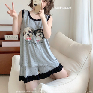 带胸垫莫代尔薄款夏季卡通小狗无袖背心短裤套装家居服女PINKWEO
