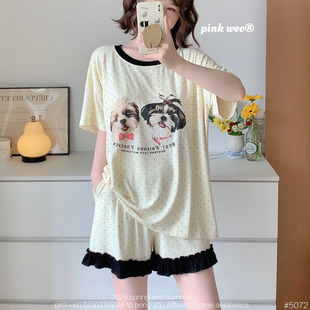 带胸垫卡通狗狗莫代尔薄款波点短袖短裤夏季套装圆领女睡衣家居服