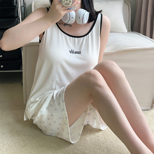 莫代尔薄款 背心无袖 女士睡衣套装 笑脸运动休闲带胸垫pinkweo 夏季