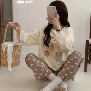 长裤 宽松女士家居服 长袖 爱心小蛋糕甜美日系少女睡衣拼色纯棉薄款