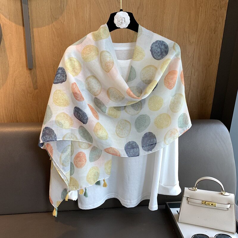 【水彩波点】恬淡文艺棉麻围巾气质款春夏季度假旅游遮阳丝巾披肩