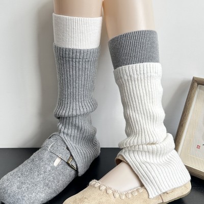 日系学院风开叉灰色叠穿袜套拼色针织竖条显瘦堆堆袜女搭配勃肯鞋
