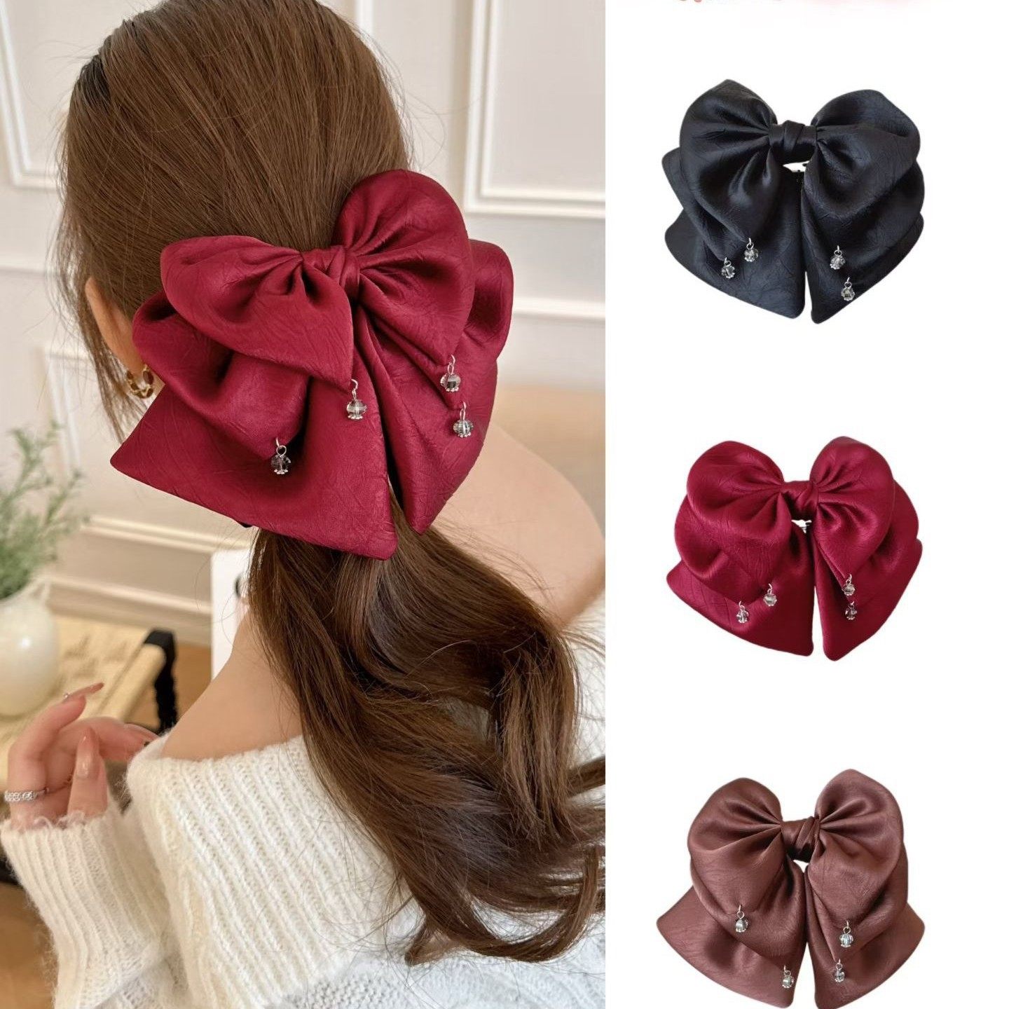 法式复古珍珠丝绒飘带抓夹黑色蝴蝶结扎高马夹后脑勺超仙盘发夹,饰品/流行首饰/时尚饰品新,民族风发饰,淘宝优惠券,粉丝福利购,淘宝优惠卷