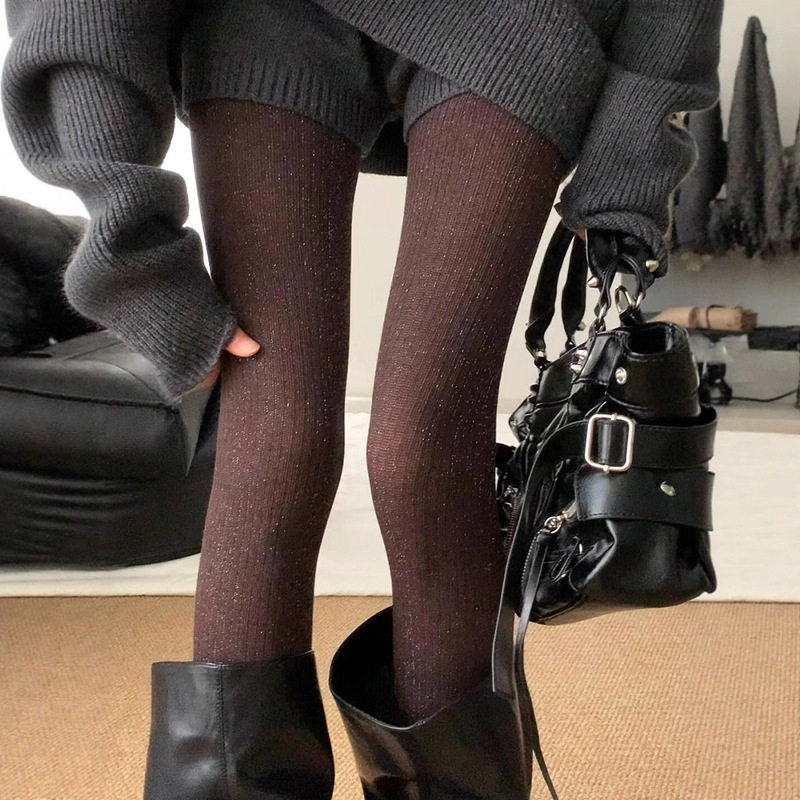 复古显瘦美拉德风微透柔焦连裤袜 珠光细闪银丝miu系打底高弹丝袜