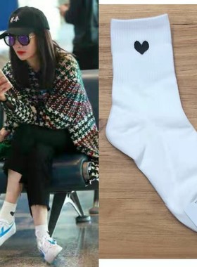 韩国东大门袜子etna四季女白色爱心中筒袜纯棉桃心纯色堆堆袜