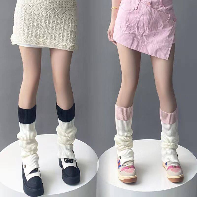 秋冬毛线针织糖果撞色腿套美式纽扣辣妹拼色百搭显瘦中筒堆堆袜套