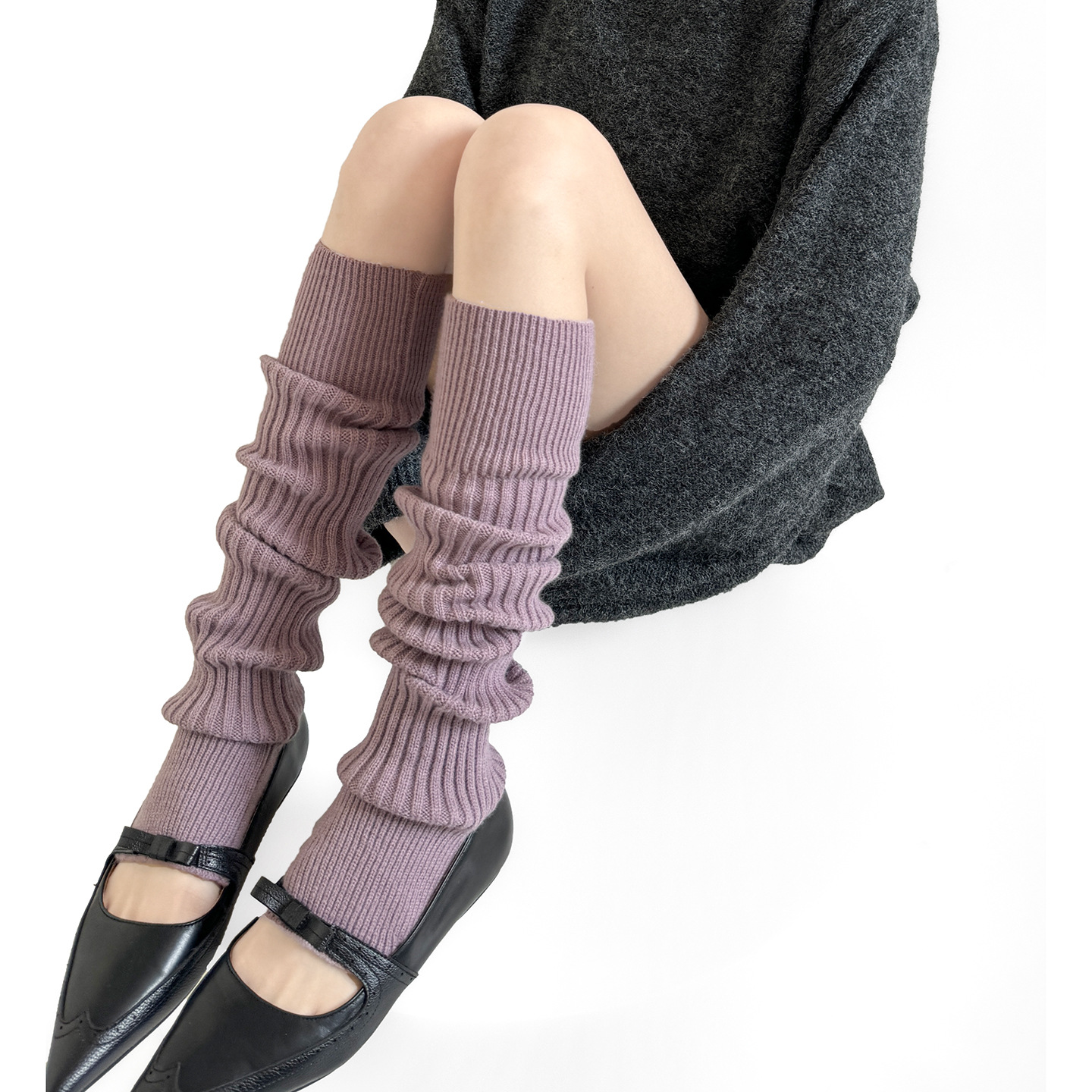 秋冬气质紫色袜套保暖竖纹针织堆堆过膝咖色复古厚实腿套叠穿靴套