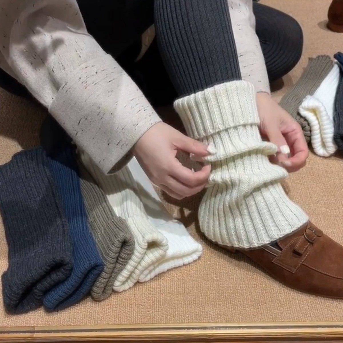 秋冬针织袜套y2k小腿袜加厚保暖蓝调宽条翻边袜套堆堆袜日系腿套