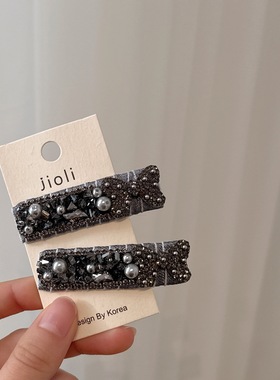 高级感灰色方形水钻蝴蝶结BB夹复古时尚气质侧边夹前额碎发刘海夹