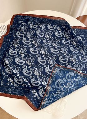 蓝色腰果双面丝绒方巾女春秋季长条领巾装饰丝巾百搭围巾护颈围脖