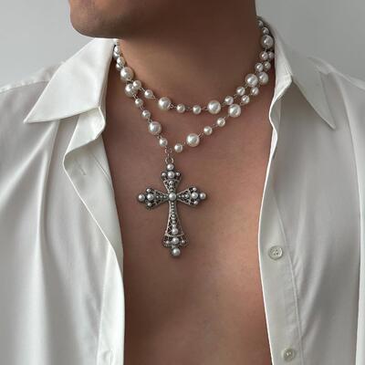 Cross necklace, a high-end accessory men热销珍珠十字架项链