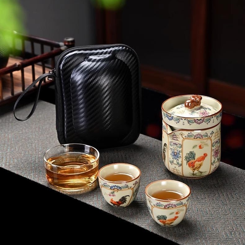 汝窑旅行茶具套装便携式一壶三杯陶瓷泡茶壶车载户外露营喝茶装备