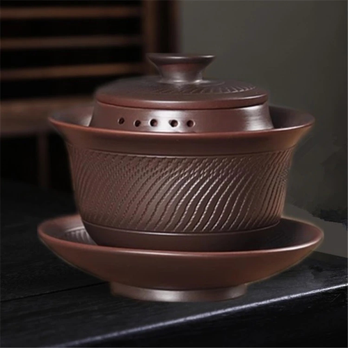 原矿紫陶不烫手三才盖碗