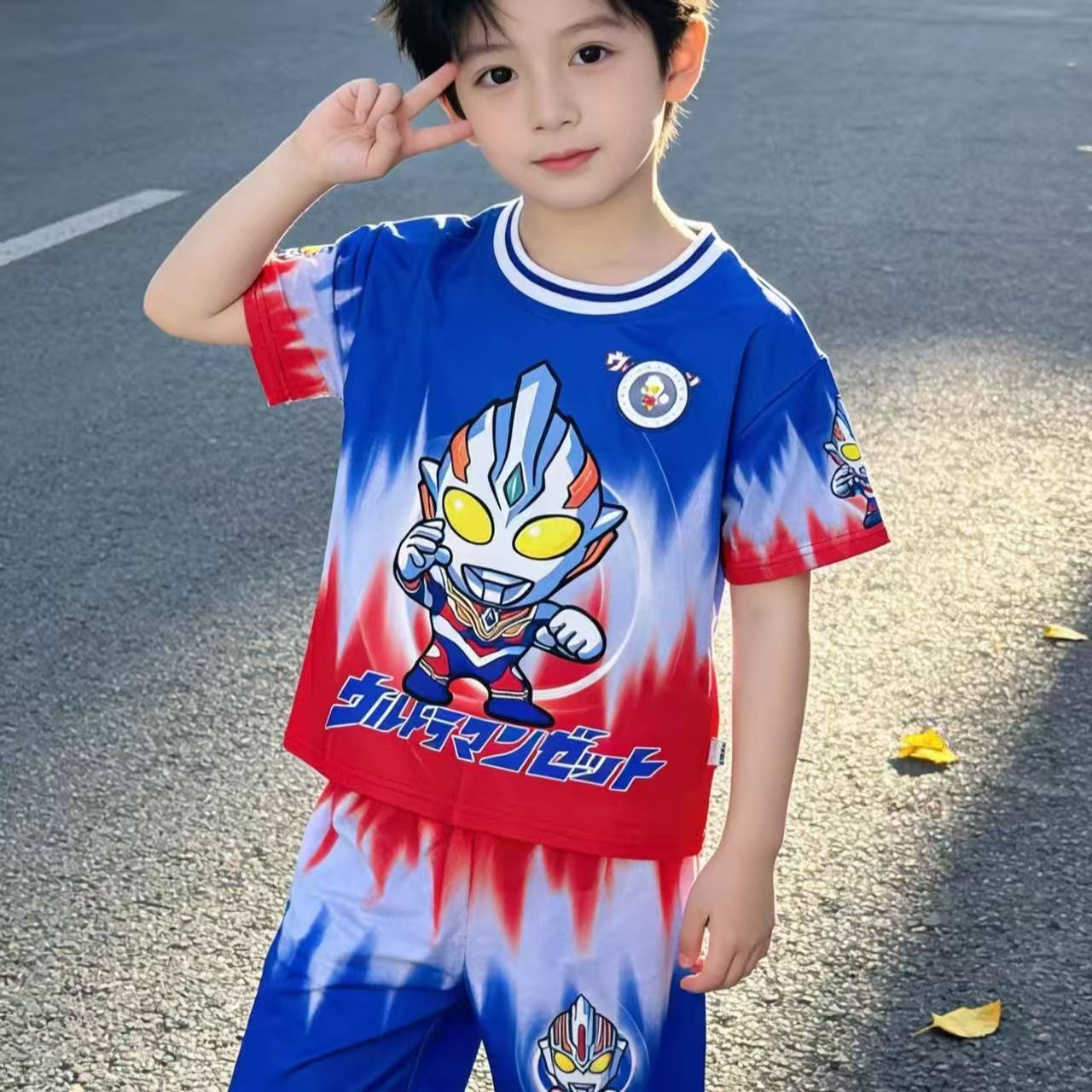 奥特曼儿童夏季套装速干网眼面料卡通亮灯发光短袖套装男童两件套