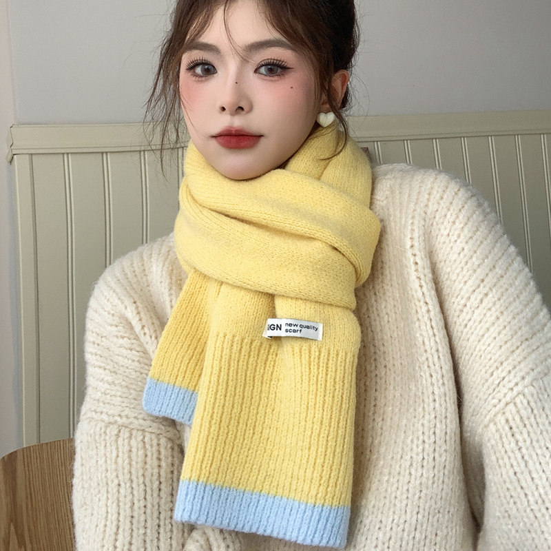 日系小清新多巴胺撞色针织围巾女秋冬季加厚保暖百搭学生毛线围脖