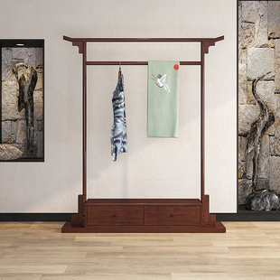 新中式实木双杆落地衣帽架家用卧室客厅多功能挂衣架可移动收纳