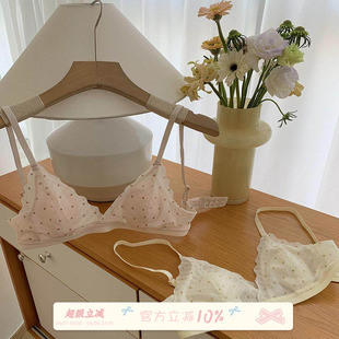 馨帮帮Bra 兔耳杯防凸点透气文胸罩 甜美波点网纱小胸内衣女超薄款