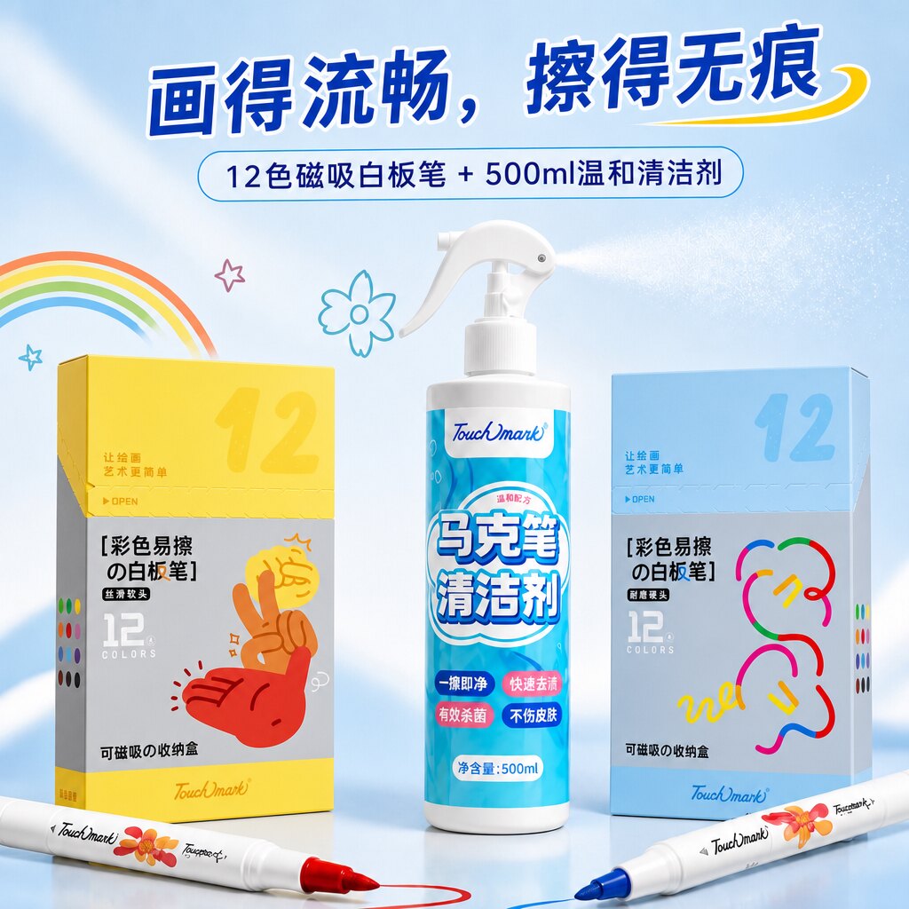 Touchmark白板笔清洁剂可擦不脏手儿童无毒记号笔磁吸画板专用笔易擦幼儿园小学生涂鸦笔清洁剂图片