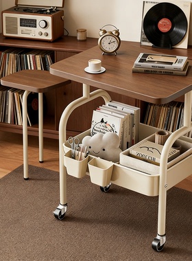 新款中古风客厅沙发边柜可移动茶几小推车边几储物带轮铁艺置物架