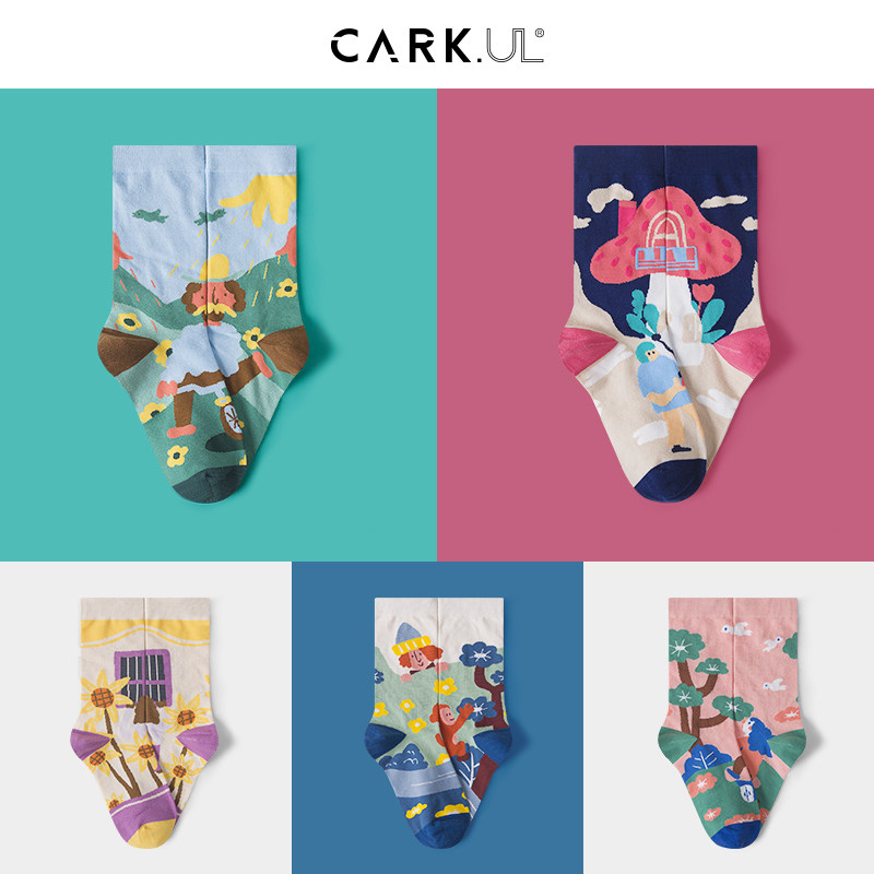 咖克袜子女中筒袜男秋冬季棉袜环境系列休闲情侣ins潮袜5双盒装