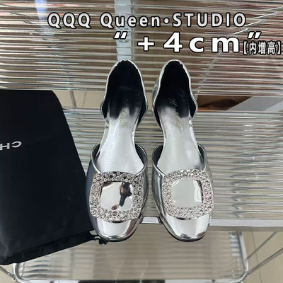 Right Video水钻中空银色凉鞋夏季chips rv内增高4cm镜面平底鞋女