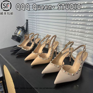 女 女包头凉鞋 铆钉裸色尖头细跟高跟鞋 女2026春夏一字带扣性感单鞋