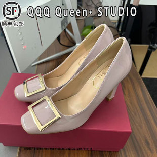 rv方扣高跟鞋女真皮2025秋季加绒细跟浅口方头通勤风马蹄跟单鞋女