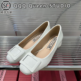 rv圆头玛丽珍鞋女真皮2025秋季一脚蹬白色粗跟方扣单鞋通勤工作鞋