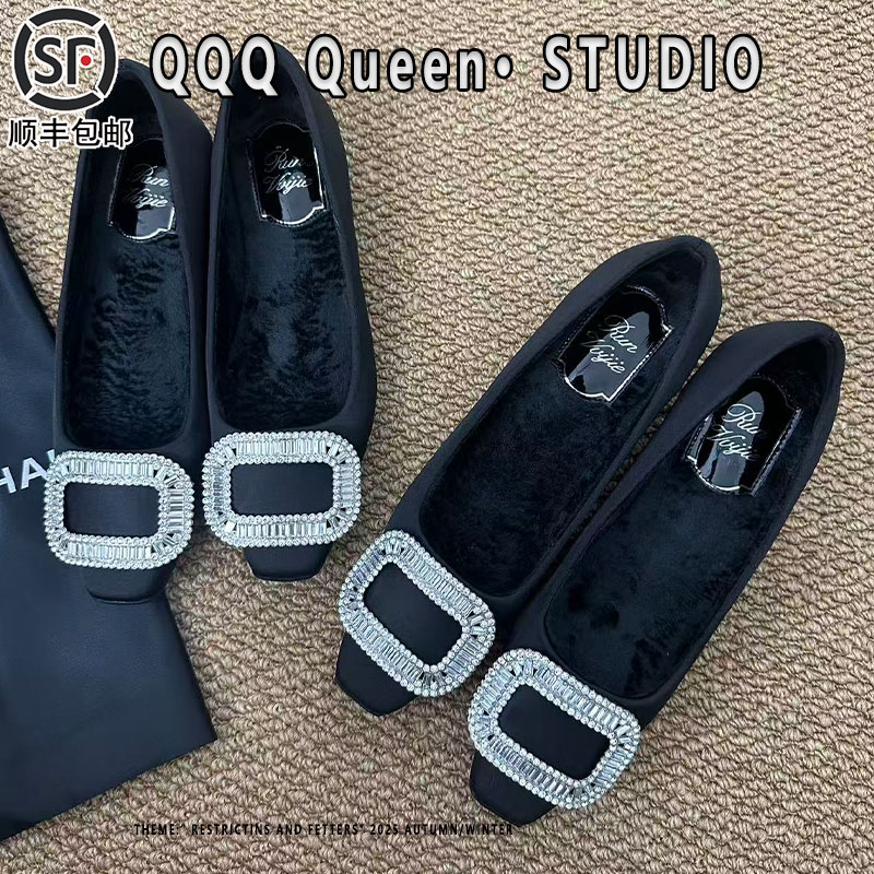 Right Video高跟鞋女加绒兔毛2025秋季方头保暖水钻方扣绸缎鞋女