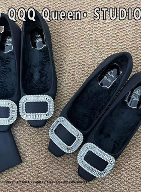 Right Video高跟鞋女加绒兔毛2025秋季方头保暖水钻方扣绸缎鞋女