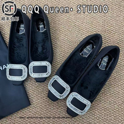 Right Video高跟鞋女加绒兔毛2025秋季方头保暖水钻方扣绸缎鞋女