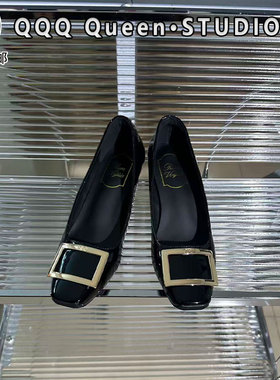 Right Video黑色金属方扣通勤风单鞋女真皮2025秋季马蹄跟高跟鞋