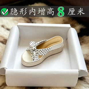 渡假版~波点草编麻绳沙滩凉鞋女夏季外穿厚底内增高8cm蝴蝶结拖鞋
