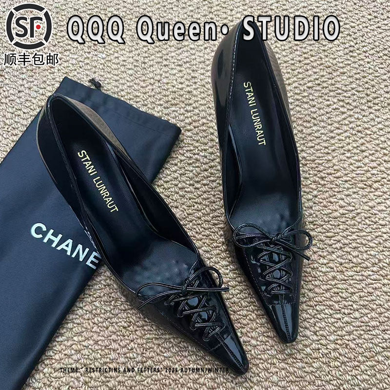 10cm法式名媛真皮尖头绑带高跟鞋女2025秋季蝴蝶结高级感镂空单鞋