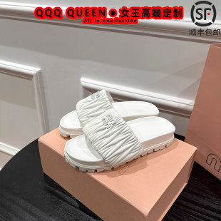 女夏季 QQQ 网红厚底褶皱字母一字拖鞋 外穿真皮休闲法式 QUEEN 凉拖