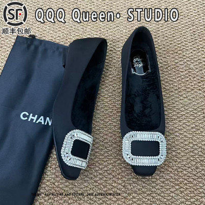 Right Video加绒兔毛高跟鞋女水钻2025秋季方头方扣保暖绸缎鞋女