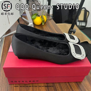 Right Video加绒高跟鞋女兔毛2025秋季方头保暖水钻方扣绸缎鞋女