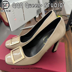 细跟rv方扣高跟鞋女真皮2025秋季浅口马蹄跟加绒方头通勤风单鞋女