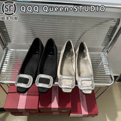 方扣浅口百搭矮跟曼妮灰单鞋 rv水钻绸缎鞋 女加绒保暖真皮2025秋季