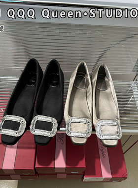 rv水钻绸缎鞋女加绒保暖真皮2025秋季方扣浅口百搭矮跟曼妮灰单鞋