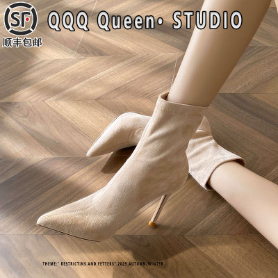 细跟高跟鞋秋冬10cm弹力袜靴尖头短靴子2026加绒尖头瘦瘦靴女绒面