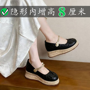松糕菱格单鞋 女 女小个子草编麻绳渔夫鞋 V扣内增高8cm厚底玛丽珍鞋