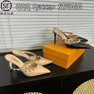 外穿 尖头后空高跟拖鞋 包头穆勒凉鞋 女裸色铆钉尖头真皮2026春夏季