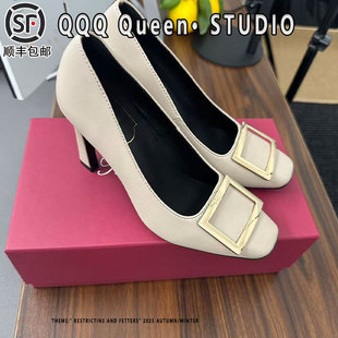 rv方扣高跟鞋女真皮2025秋季细跟浅口马蹄跟加绒方头通勤风单鞋女