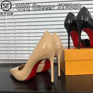 性感风漆皮尖头细跟高跟鞋 女红底侧空真皮久站不累脚气质裸色单鞋