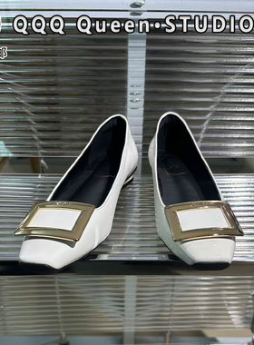 rv白色方扣矮跟粗跟单鞋真皮秋季一脚蹬气质配裙子2厘米工作女鞋