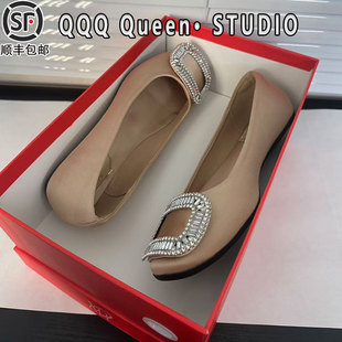 rv水钻方扣绸缎鞋女真皮2025秋冬季圆头浅口平底单鞋通勤玛丽珍鞋