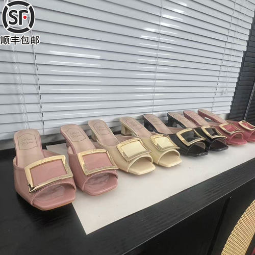 Right Video夏季方扣露趾粗跟凉鞋鱼嘴方头百搭马蹄跟外穿拖鞋女