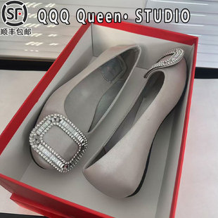 rv水钻方扣绸缎鞋女真皮2025秋冬季圆头通勤玛丽珍鞋平底浅口单鞋