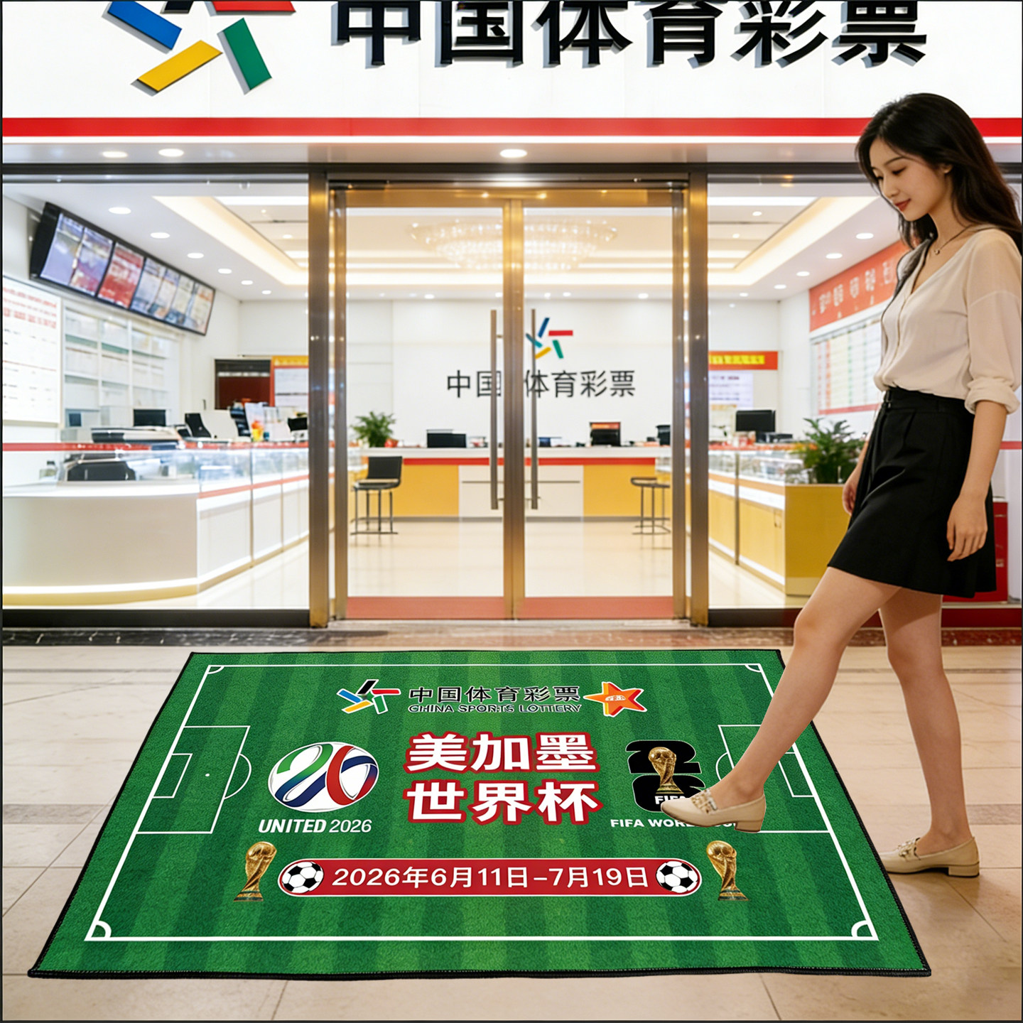 可定制尺寸-2026年世界杯主题地垫商铺装饰防滑彩票店足球地毯